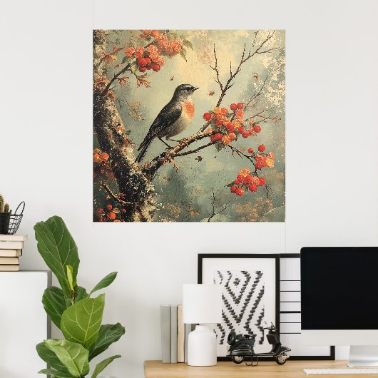 Rotbrust auf einem Baumzweig Poster (Heimbüro)