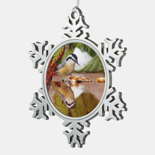 Rotbrüstiger Kleiber Schneeflocken Zinn-Ornament (Rechts)