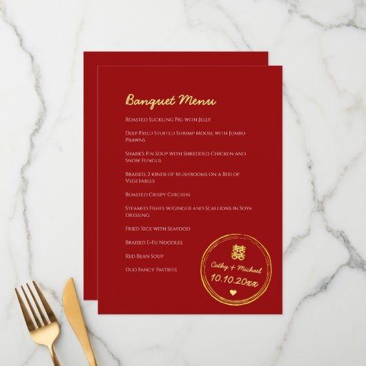 Rotchinesische Hochzeit-Briefmarke Menükarte (Vorderseite/Rückseite Beispiel)