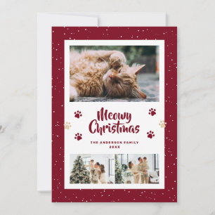 Rote 3-Foto-Schnee-Pfoten-Meowy-Weihnachtskarte Feiertagskarte