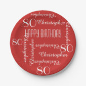 Rote 80. Geburtstagspartei Wiederholungsname Pappteller (Vorderseite)