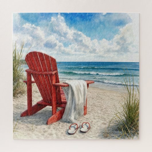 Rote Adirondack-Strandliege mit Flip-Flops Puzzle (Vertikal)