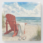 Rote Adirondack-Strandliege mit Flip-Flops Steinuntersetzer (Vorderseite)