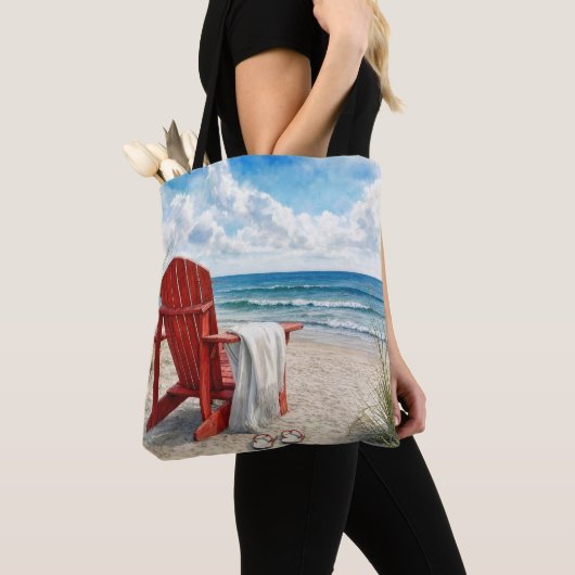 Rote Adirondack-Strandliege mit Flip-Flops Tasche (Von Nahem)