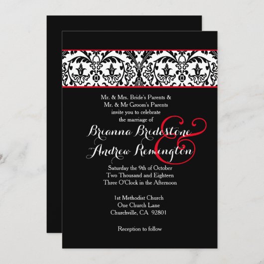 Rote Akzente mit schwarzem und weißem Damast, Hoch Einladung (Vorne/Hinten)