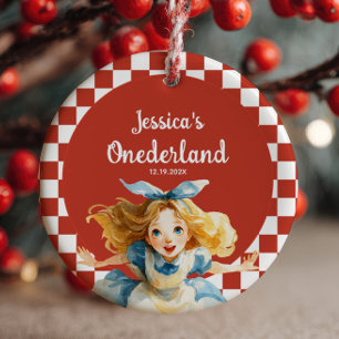 Rote Alice in ONEDERLAND Erstes Weihnachtsfoto Keramik Ornament