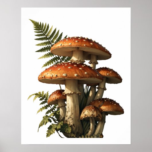 Rote Amanita-Pilze mit Farn Botanik Poster (Vorne)