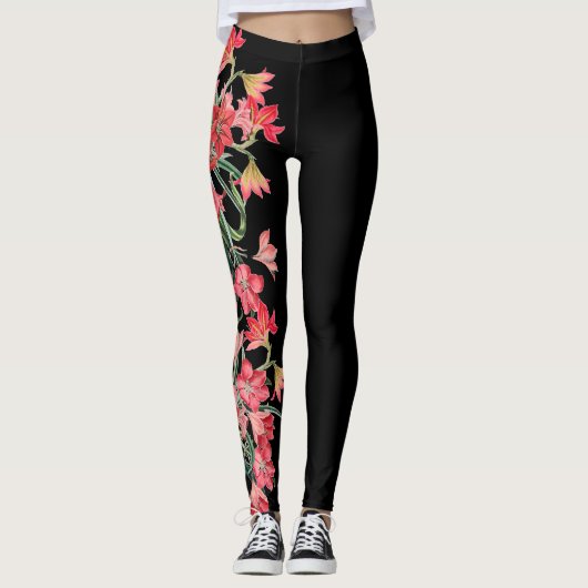 Rote Amarylis Blume mit Blumen ganz über Leggings (Vorderseite)