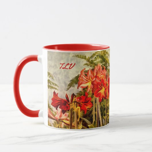 Rote Amaryllis Botanische Kunst - Monogramm-Initia Tasse (Links)
