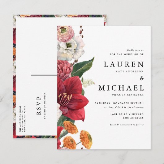 Rote Amaryllis und Blumenzehen im Herbst Einladungspostkarte (Vorne/Hinten)