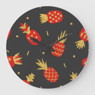 Rote Ananas, Glitter, schwarzer Hintergrund. Große Wanduhr