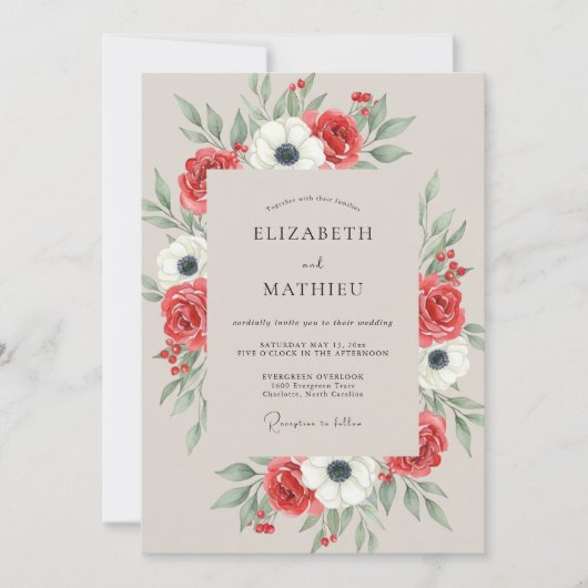 Rote Anemone Gemalte Hochzeit Einladung (Vorderseite)