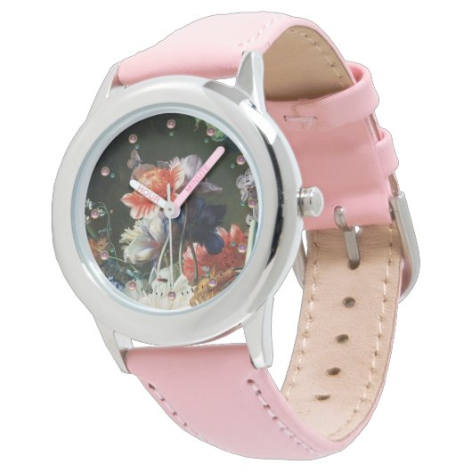 ROTE ANEMONEN, WEISSE BLUME, SCHWARZE SCHWARZE SCH ARMBANDUHR (Schrägansicht)