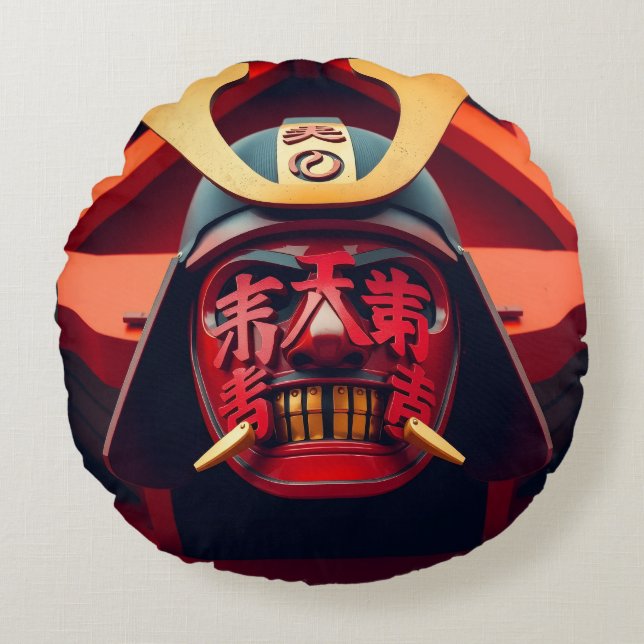 Rote Anime-Samurai-Maske Rundes Kissen (Vorderseite)