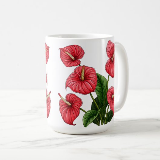 Rote Anthurienblumen mit grünen Blättern Kaffeetasse (VorderseiteRechts)