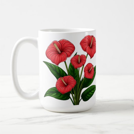 Rote Anthurienblumen mit grünen Blättern Kaffeetasse (Links)