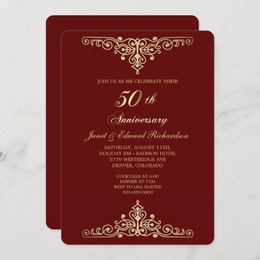 Rote Antike Gold Viktorianisch Goldenes Jubiläum Einladung (Vorne/Hinten)
