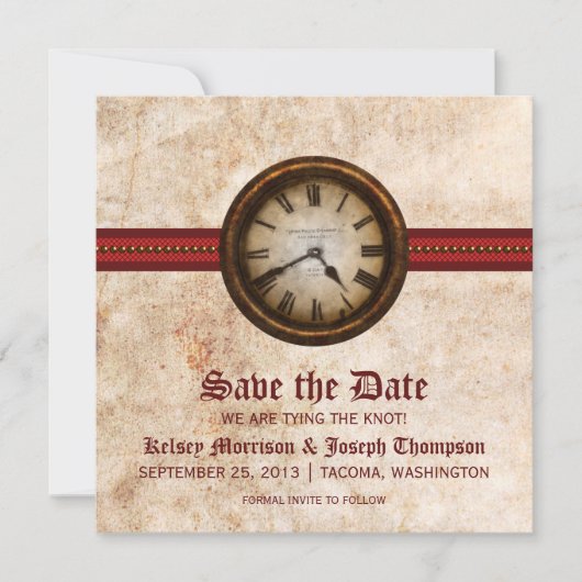 Rote Antiquitäten-Uhr Save-the-Date-Ankündigung Einladung (Vorderseite)
