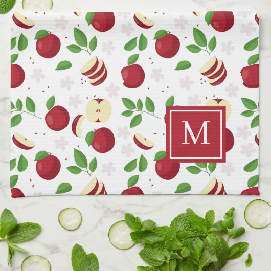 Rote Äpfel, Blüten Grüne Mit Monogramm erste Geschirrtuch (Gefaltet)