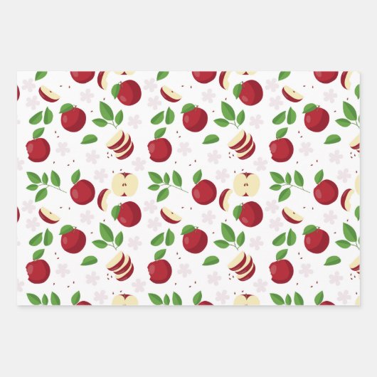 Rote Äpfel, Blüten und Grünmuster Geschenkpapier Set (Vorderseite 2)