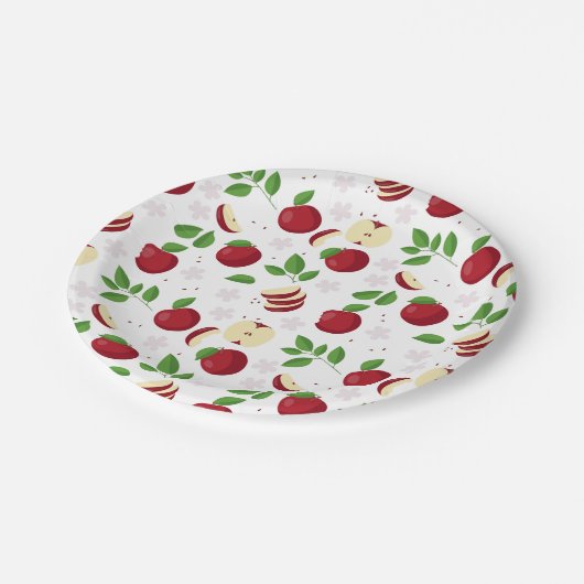 Rote Äpfel, Blüten und Grünmuster Pappteller (Schrägansicht)