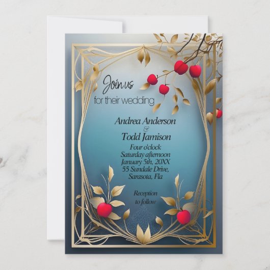 Rote Äpfel Gold Blätter Einladung zur Hochzeit (Vorderseite)