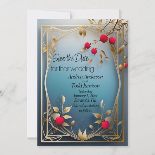 Rote Äpfel, goldene Blätter Hochzeit Save The Date (Vorderseite)