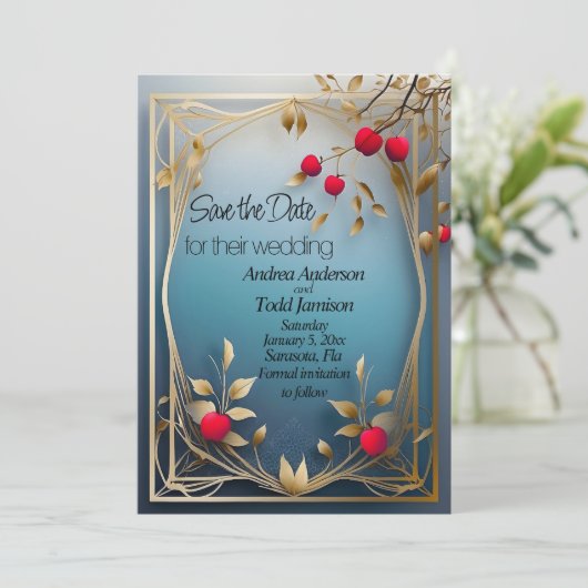 Rote Äpfel, goldene Blätter Hochzeit Save The Date (Stehend Vorderseite)