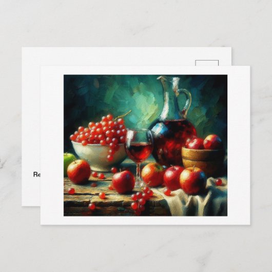 Rote Äpfel, Trauben, Wein, Postkarte (Vorne/Hinten)