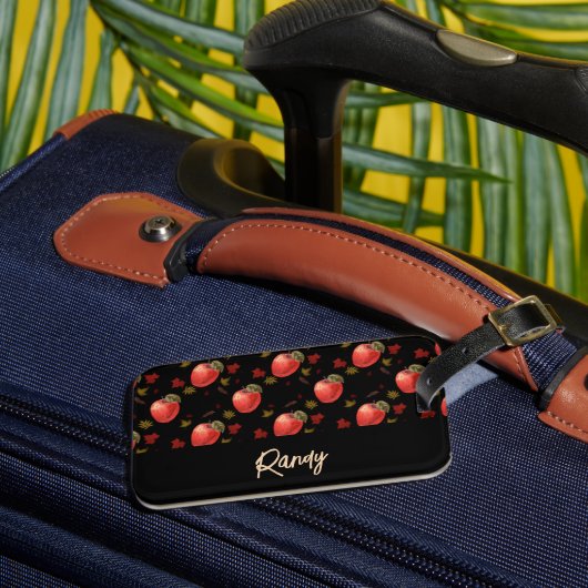 Rote Äpfel und Blätter auf schwarz Gepäckanhänger (Vorderseite Insitu 3)