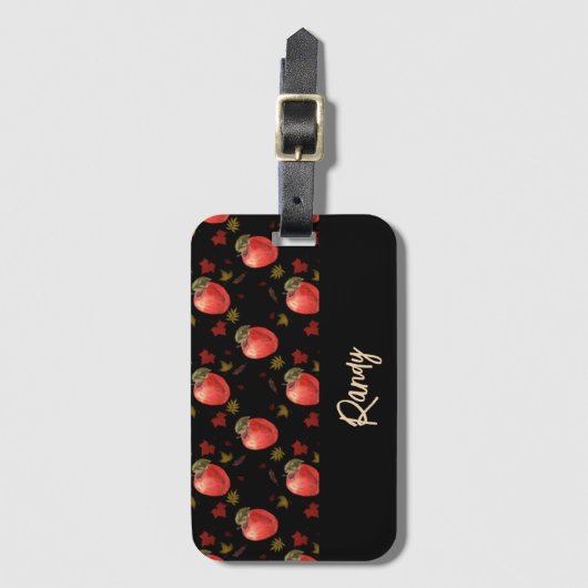 Rote Äpfel und Blätter auf schwarz Gepäckanhänger (Vorderseite Vertikal)