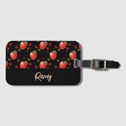 Rote Äpfel und Blätter auf schwarz Gepäckanhänger (Vorderseite (Horizontal))