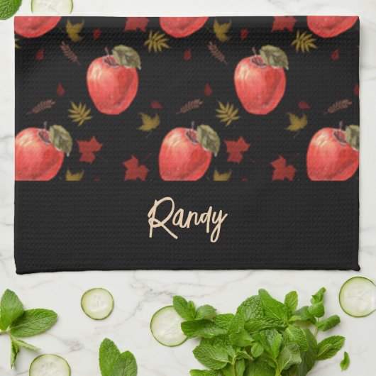 Rote Äpfel und Blätter auf schwarz Geschirrtuch (Gefaltet)