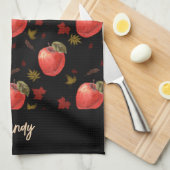 Rote Äpfel und Blätter auf schwarz Geschirrtuch (Viertel Falte)