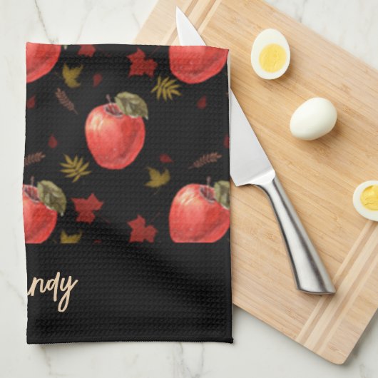 Rote Äpfel und Blätter auf schwarz Geschirrtuch (Viertel Falte)