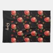 Rote Äpfel und Blätter auf schwarz Geschirrtuch (Horizontal)