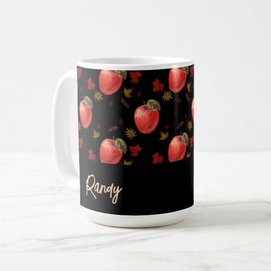 Rote Äpfel und Blätter auf schwarz Kaffeetasse (Vorderseite Links)