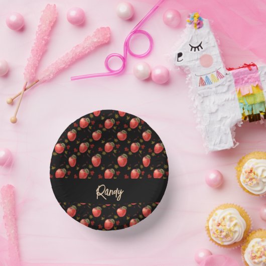 Rote Äpfel und Blätter auf schwarz Pappteller (Party)