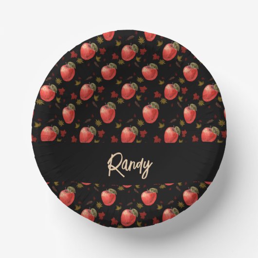 Rote Äpfel und Blätter auf schwarz Pappteller (Vorderseite)