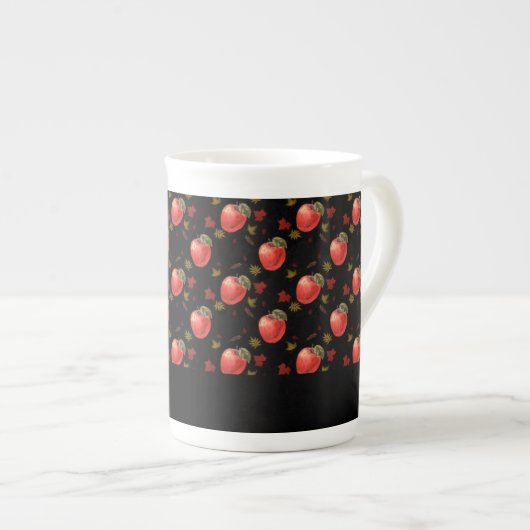 Rote Äpfel und Blätter auf schwarz Porzellantasse (Vorderseite Rechts)