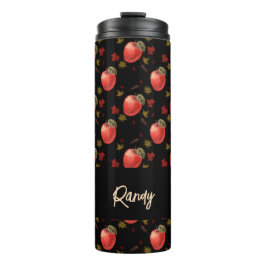 Rote Äpfel und Blätter auf schwarz Thermosbecher