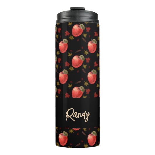 Rote Äpfel und Blätter auf schwarz Thermosbecher (Vorderseite)