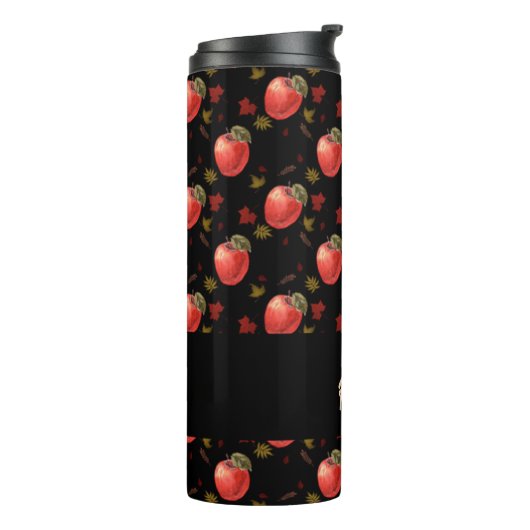 Rote Äpfel und Blätter auf schwarz Thermosbecher (Nach links gedreht)