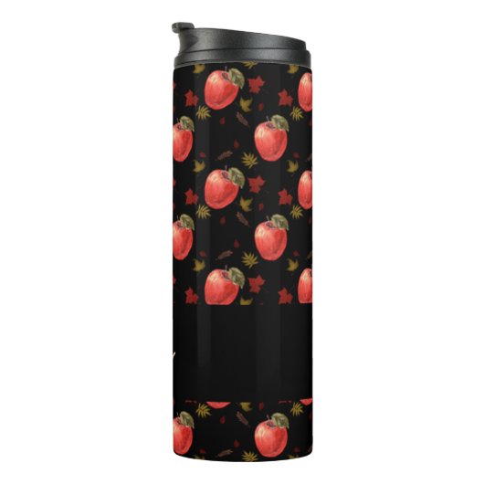 Rote Äpfel und Blätter auf schwarz Thermosbecher (Nach rechts gedreht)