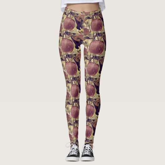 Rote Apfelfrucht und Blätter Aquarell fallen Leggings (Vorderseite)