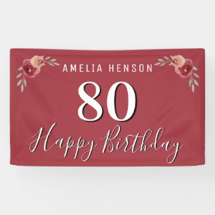 Rote Aquarell-Blumen Floral 80. Geburtstag Banner