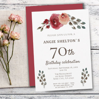 Rote Aquarellfarben Rose Blumenkohl 70. Geburtstag Einladung