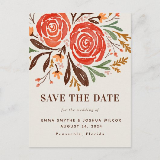 Rote Aquarellfarben Rose Save the Date blühend Einladungspostkarte (Vorderseite)
