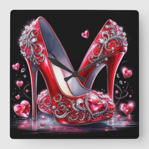 Rote Aquarellstilettos mit Herz geformt Diamant Quadratische Wanduhr