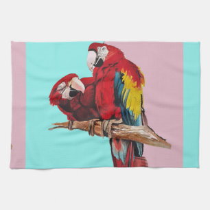 Rote Ara-Papageien Aquarell-Küche Aqua Rosa Geschirrtuch